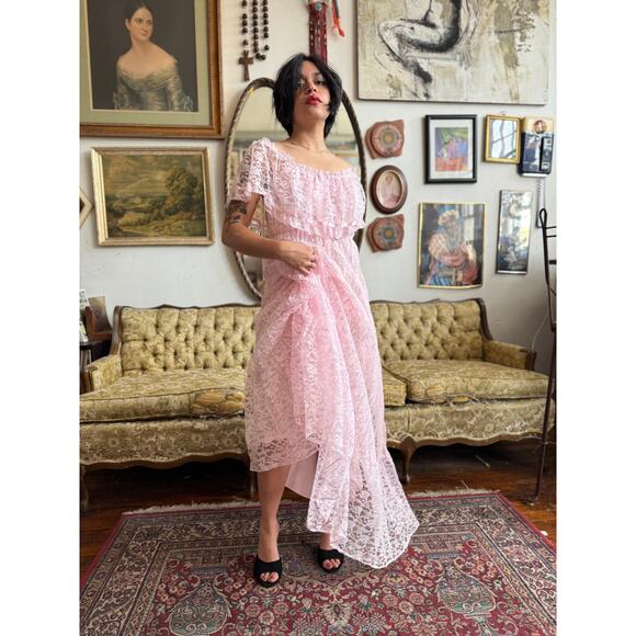 80s Pink Lace Off the Shoulder Floral Maxi Dress Size Small by Witch and Wolf - Picture 5 of 14